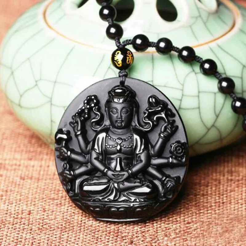 Natural Obsidian Thousand-hand Bodhisattva Jade Pendant Lucky Exorcise Evil Spirits Amulet Necklace Fine Jewelry Accessories