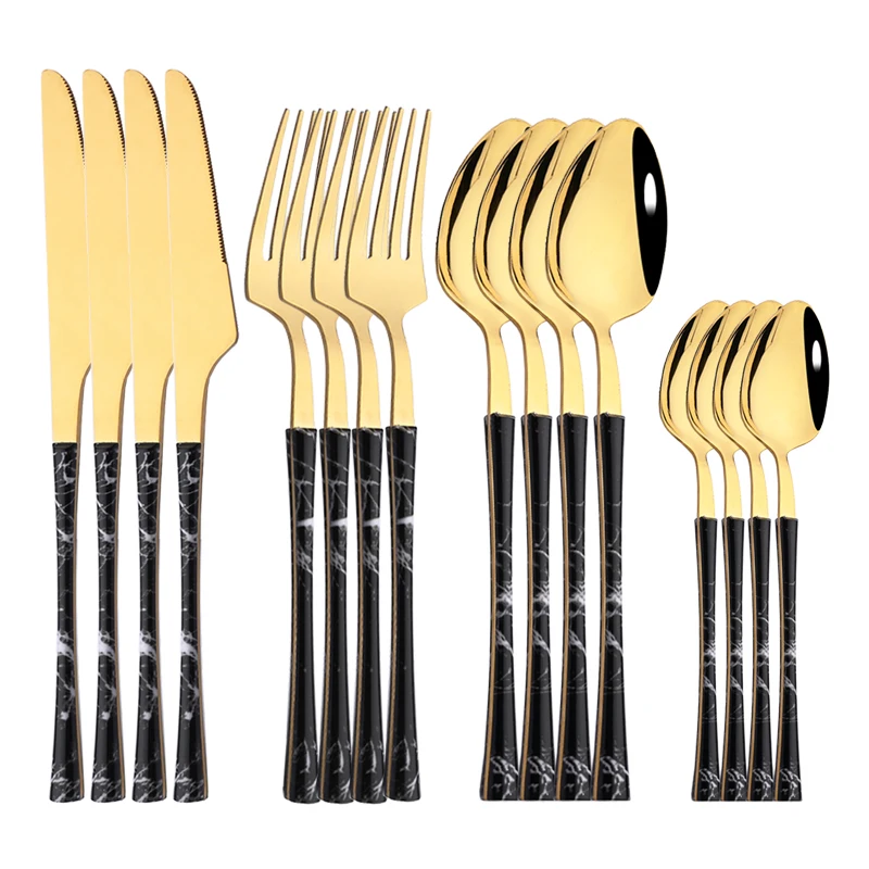 

16Pcs Stainless Steel Tableware Set Glossy Wood Gold Dinnerware Set Western Food Black Knife Tea Fork Teaspoon Flatware Cutlery