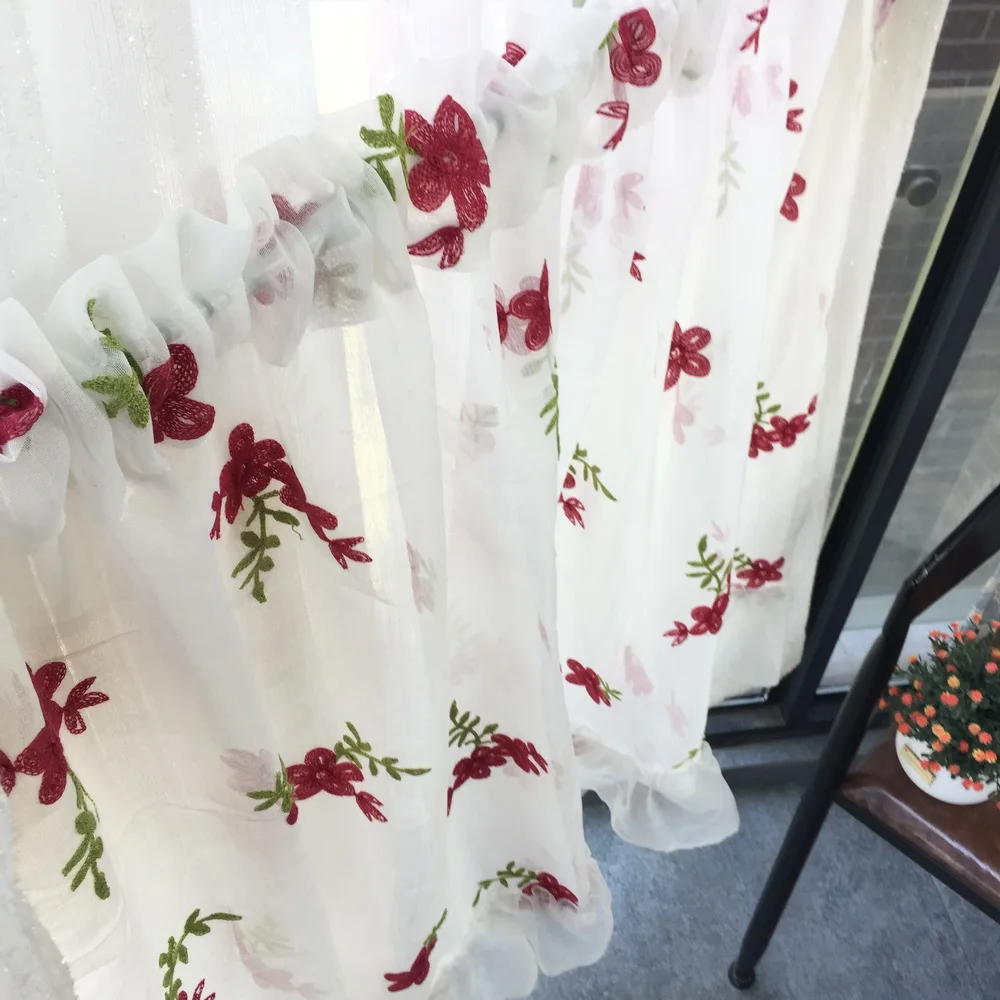 Кружевная занавеска для кухни красный цветочный тюлевой занавес эркера Короткая
