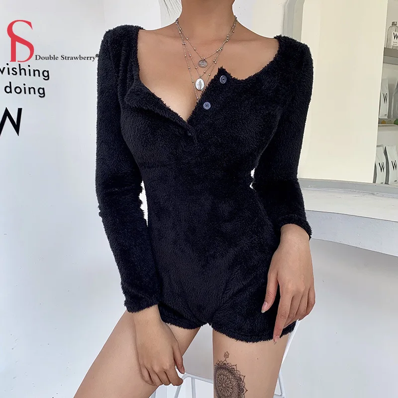 D.S сексуальный однотонный бархатный комбинезон с пуговицами женский