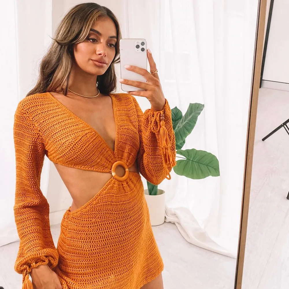 

Knit Stripe Long Sleeve Dress Beach Backless Summer Hollow Out Women V Neck Sexy Party 2021 Mini Dresses Casual White Dress