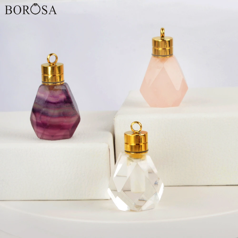

BOROSA Gold Led Light Natural Stone Perfume Bottle Pendants Fluorites Rose Crystal Quartz Gems Pendant for Women Necklace