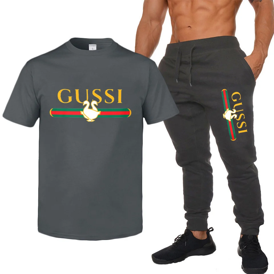 

Men's casual suit pure cotton quick-drying gym fitness running fashion short-sleeved T-shirt + jogging pants 2 pieces S-2XL