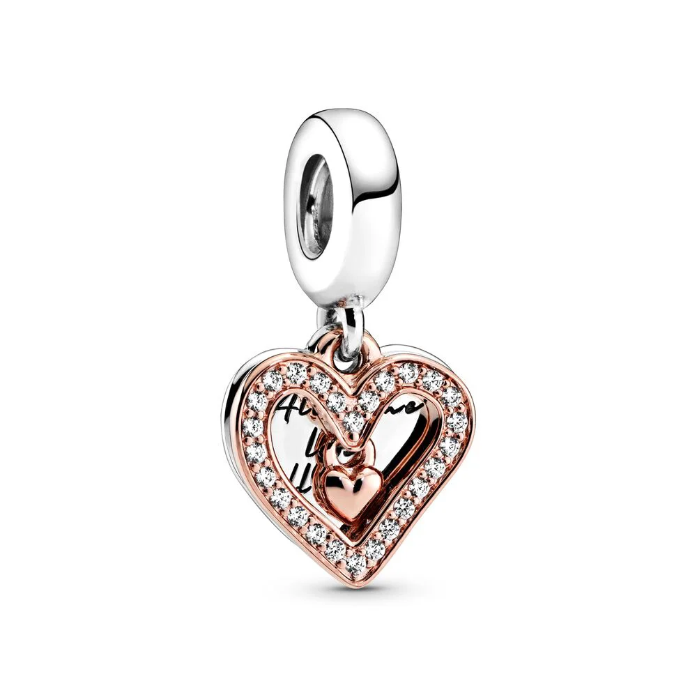 

925 Sterling Silver Pendant Charms Lovely Rose Gold Heart Shape Crystal For Women Pandora Charms Original Bracelet Necklace