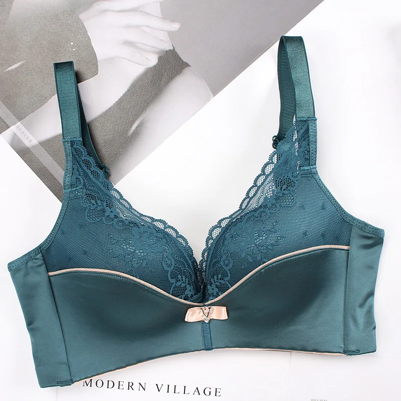 green bra Meizimei, кружевной deepV сексуальный бюстгальтер без косточек, комплект нижнего белья пуш-ап для женщин, маленький размер, бюстгальтер для девушек, тонкие трусики, бюстгальтер для девочек, ABC cup - Цвет: green bra
