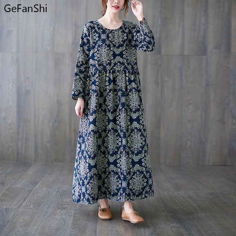 

2021 New Spring Autumn Women Dress Loose Vintage Casual Print Cotton Long Sleeve O-Neck Dress Fashion Loose Elegant Dresses Robe