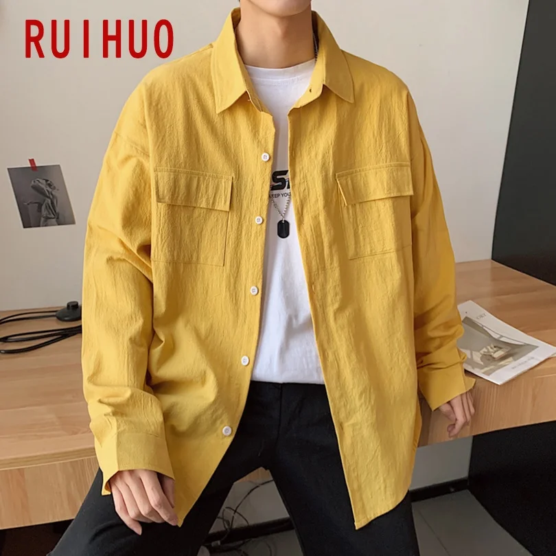 Рубашка RUIHUO мужская с длинными рукавами однотонная приталенная Хлопковая