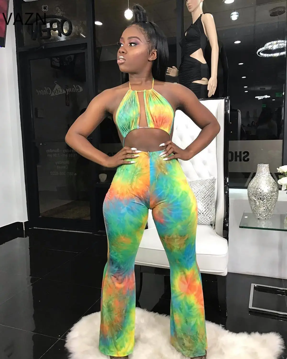 VAZN WYNZ8192 new product 2019 summer sexy lady green jumpsuit long pants halter backless jumnpsuit leopard |