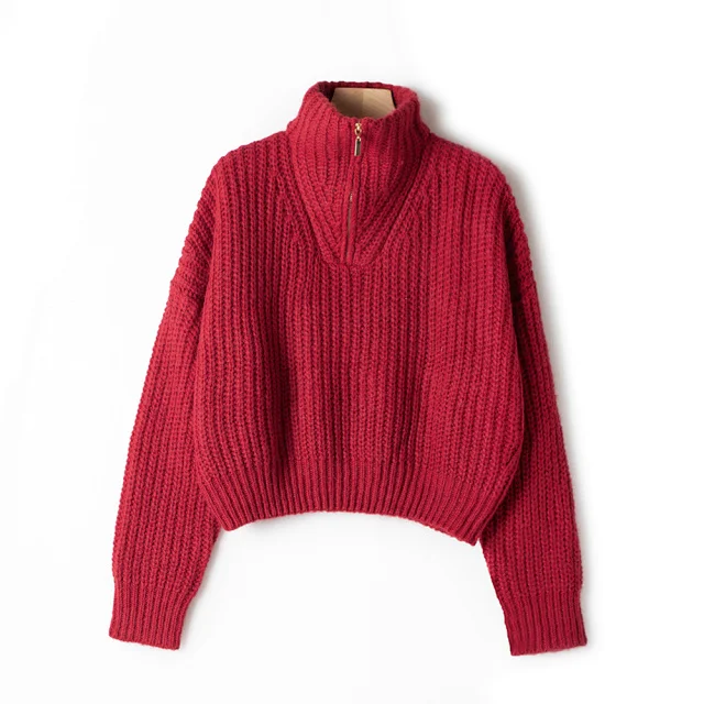 

Women Knitwear Half High Collar Sweater 2021 New Turn-Down Collar Wool and Mohair Blend Zipper Ladies Long Sleeve Jumper