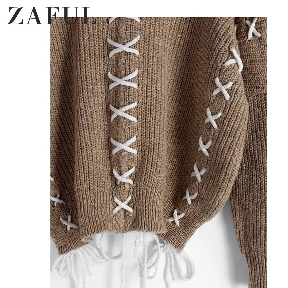 ZAFUL вязаный свитер на шнуровке с открытыми плечами повседневные стильные