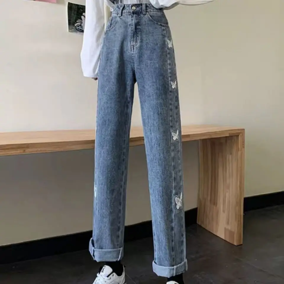 

Jeans Butterfly Embroidery straight pants loose 2021 new wide leg pants high waist show thin versatile fashion