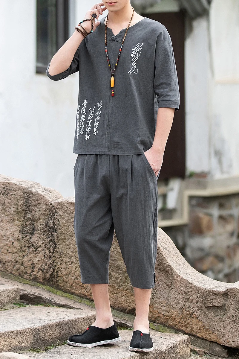 

Chinese Style Men's Cotton and Linen Sets Retro Embroidery Tang Suit Male Casual Loose T-shirt and Pants Summer Tracksuit