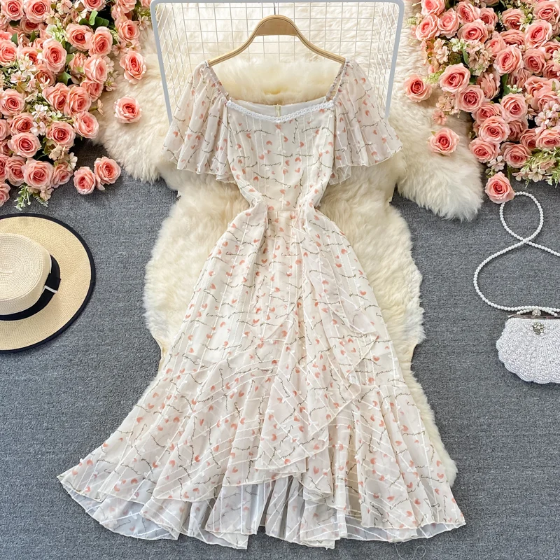 

Summer Vintage Irregular Ruffle Printed Party Dress Women Sexy Square Collar Flare Short Sleeve High Waist Big Swing Vestidos