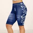 Женские Леггинсы для йоги, летние шорты из искусственного денима с цветочным принтом, женские шорты с высокой талией, размера плюс, S-5XL