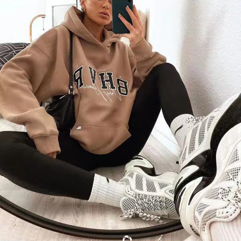 

England Style Black Letter Print Hoodies Women Oversized Crewneck Sweatshirt Loose Pullover Long Sleeve Fashion Top Warm Winter