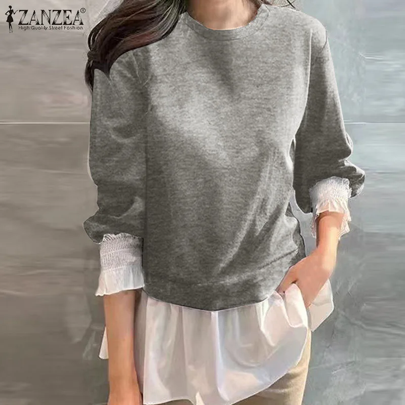 

Women Casual Long Smocking Sleeve O Neck Shirt 2021 Stylish Fake Two Pieces Blouse ZANZEA Elegant Solid Blusas Oversize OL Tops