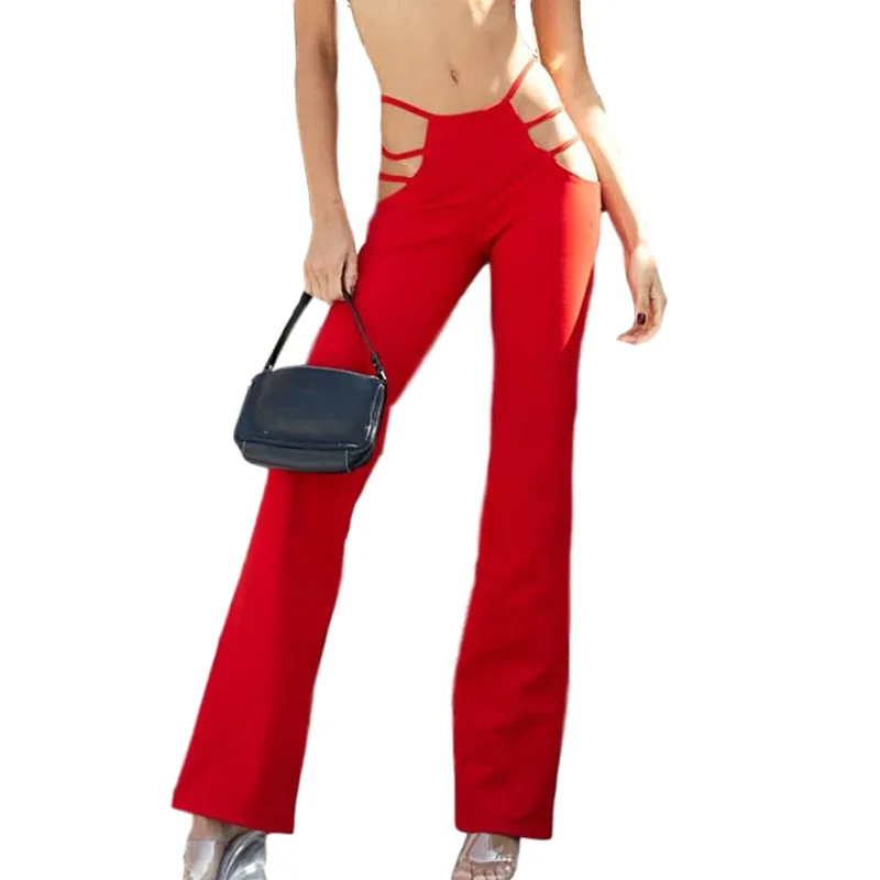 

Women Mid Waist Stretch Sexy Cut Out Pants Slim Fitness Sweat Pants Hollow Out Flare Trousers Streetwear Bell-Bottomed Pants /F