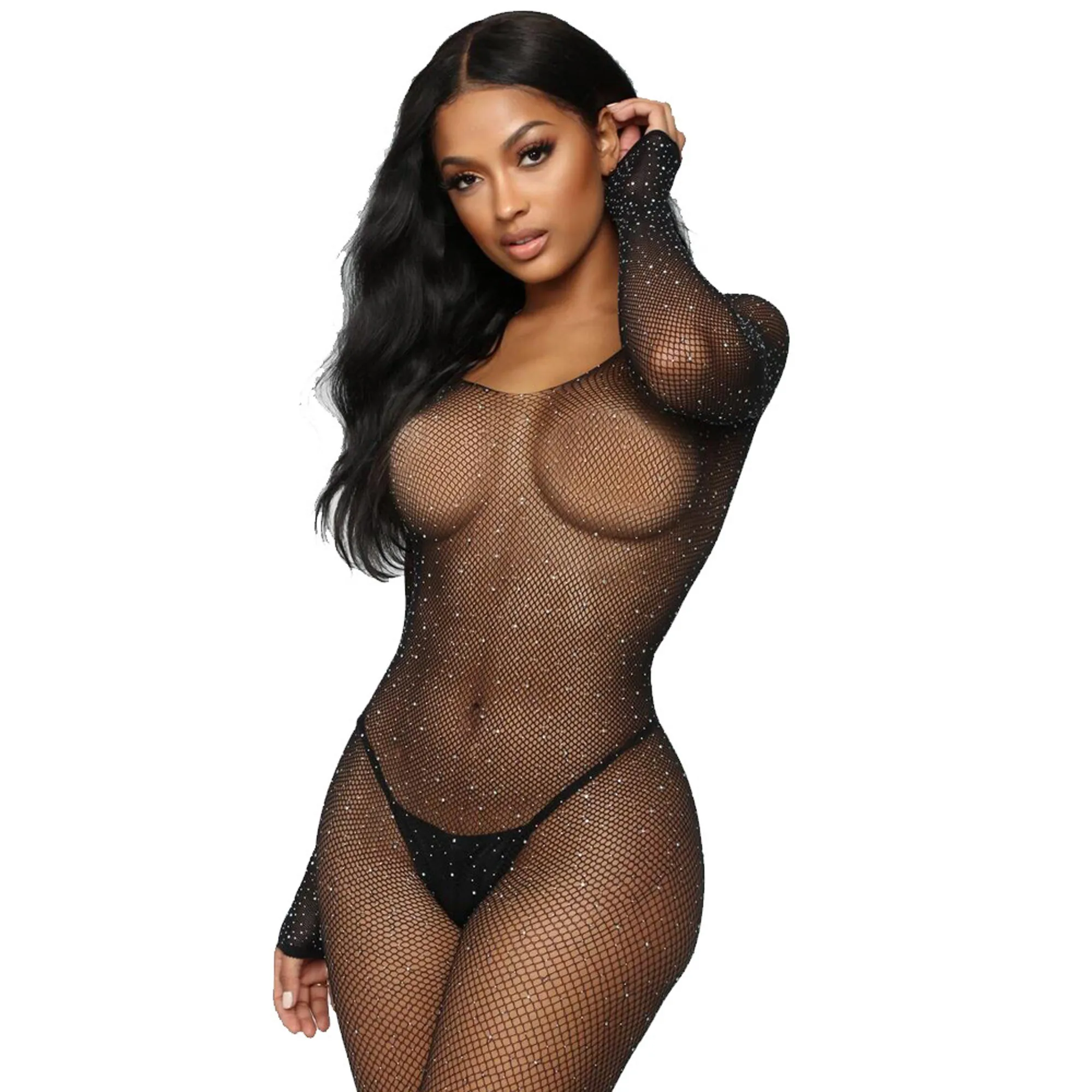 Sexy girl fishnet long sleeve body stocking rhinestone sparkers shinny clubwear lingerie