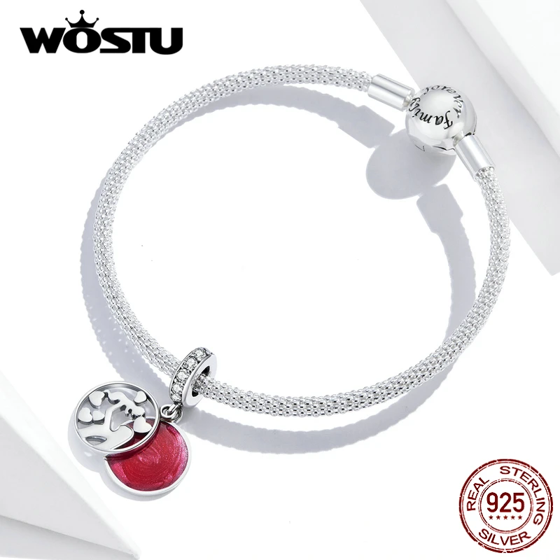 WOSTU Double Layers Mother &amp Child Charm 925 Sterling Silver Red Enamel Round Bead Fit Original Bracelet Pendant Jewelry FIC1460 |