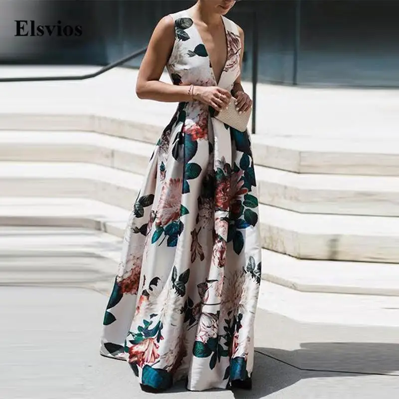 

Женское винтажное платье-макси с цветочным принтом, длинное плиссированное платье с глубоким V-образным вырезом, без рукавов, в стиле кэжуал...