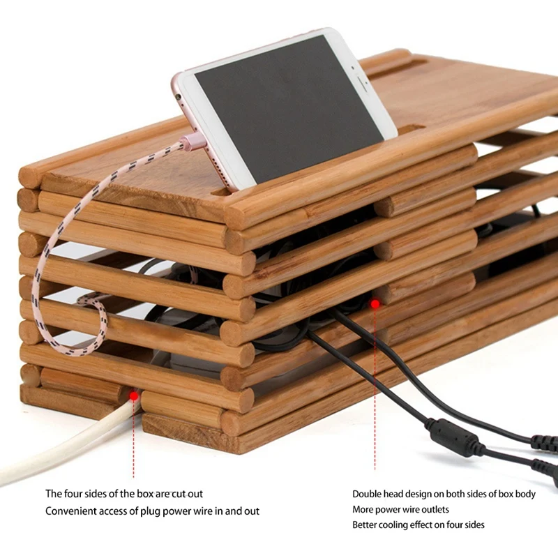 Дешево Деревянная коробка для хранения зарядного кабеля, шнур питания, полоса питания, коробки, аккуратный стол, органайзер для детей, домашние Дом...