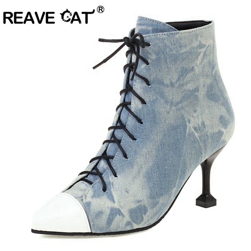 

REAVE CAT 2021 Designer Fashion Ankle Boots for Women Demin Pointed Toe Thin Needle Stiletto Heel Lace Up Blue Yellow 48 S2444
