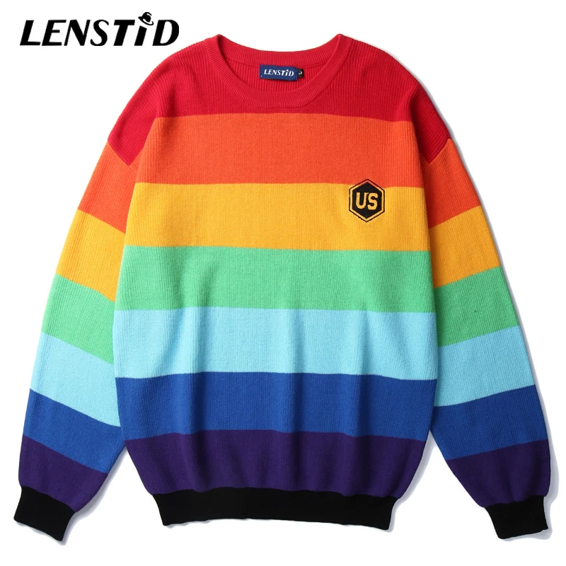LENSTID 2019 осенние уличные радужные полосатые трикотажные свитера Harajuku уличная