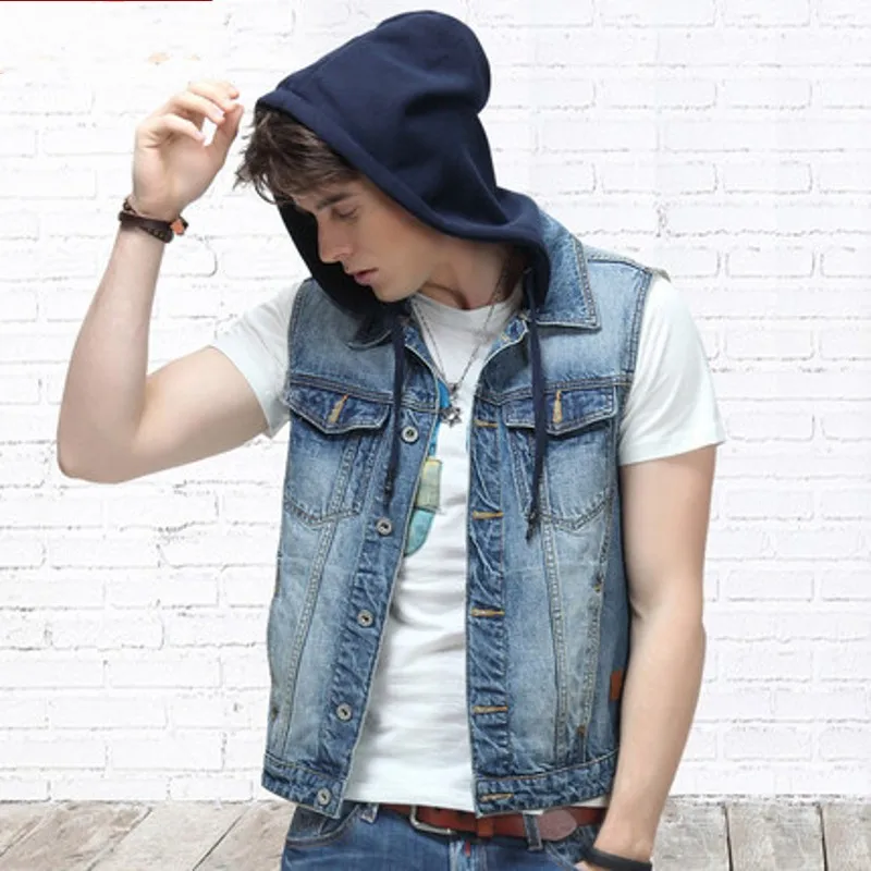 

Fashion Vintage Cap Jeans Vests Men 2021 Hooded Slim Fit Cowboy Waistcoat Man Casual High Street Sleeveless Denim Vest Plus Size