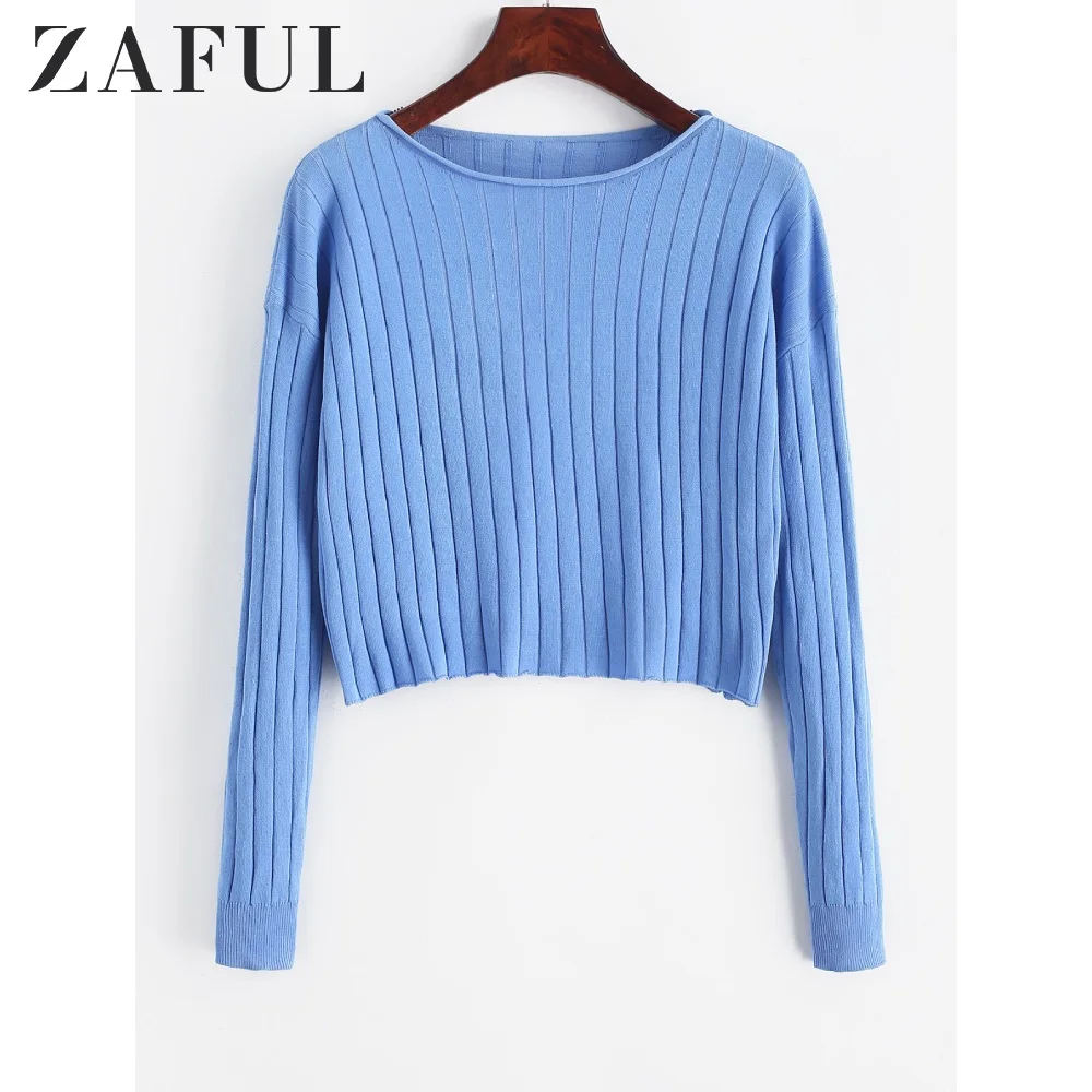 Женский укороченный свитер ZAFUL короткий пуловер с длинными рукавами и вырезом