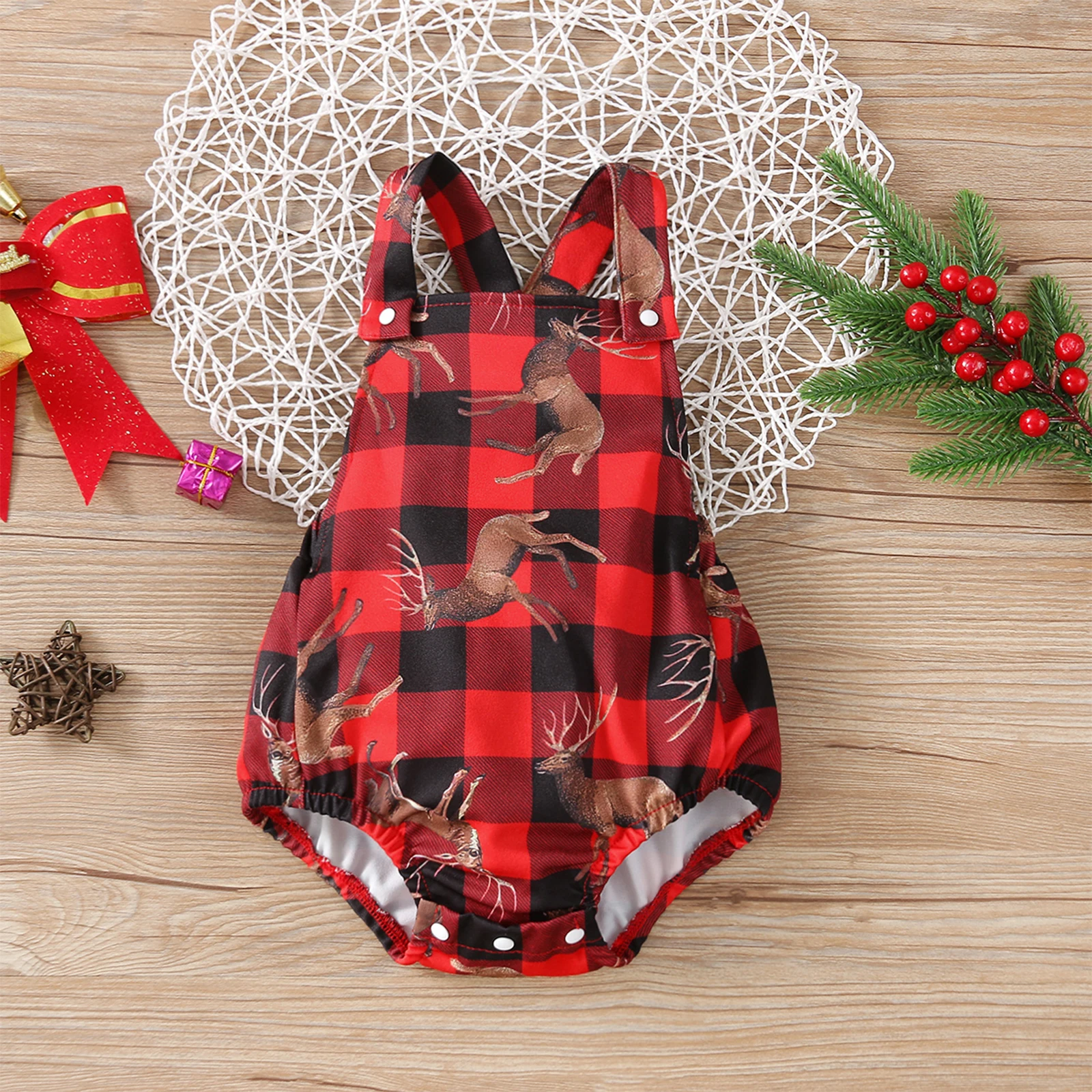

Spring Fall Newborn Girl Deer Plaid Print Short Romper Sleeveless Jumpsuit for Christmas Baby Clothing