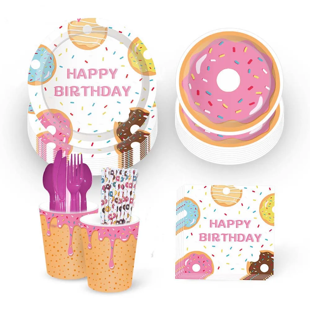 Donut Theme Disposable Tableware Doughnut Happy Birthday Cake Topper Wedding Party Hot Pink Dot Paper Straw Baby Shower Supplies