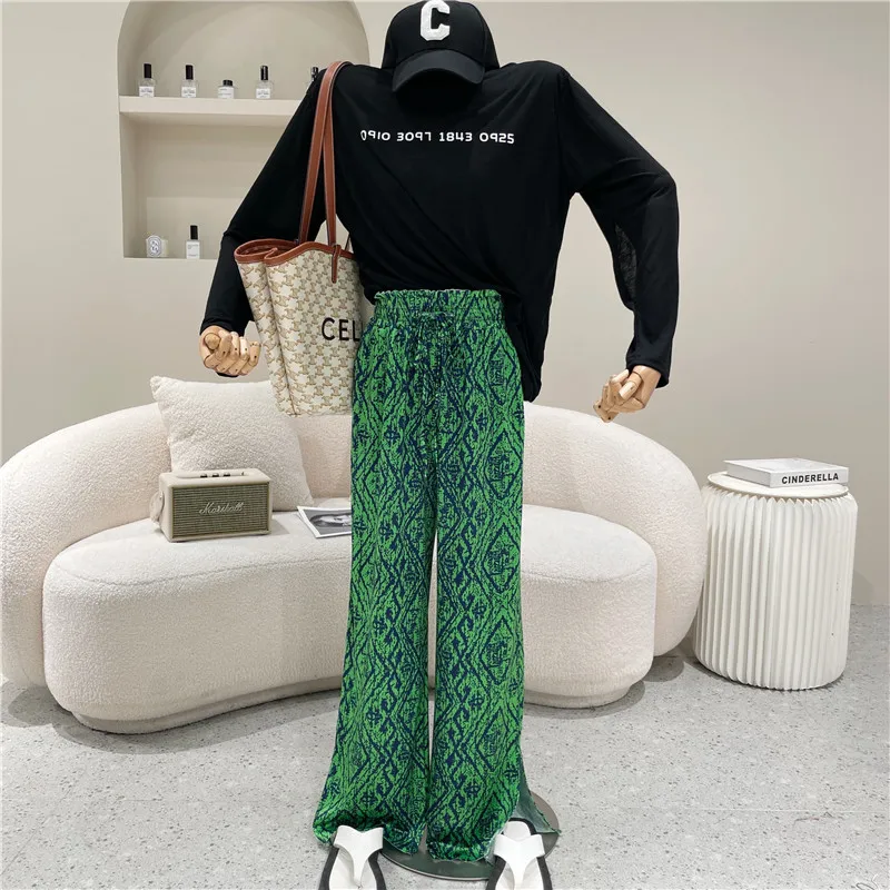 

Niche Design New Women's Summer 2021 Fashion Retro Pattern Green Split Flared Pants High Waist Drop Wide Leg Floor Length Pants