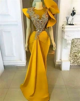 african yellow evening dresses ruffle sleeve mermaid celebrity dress wedding party vestidos de fiesta elegant