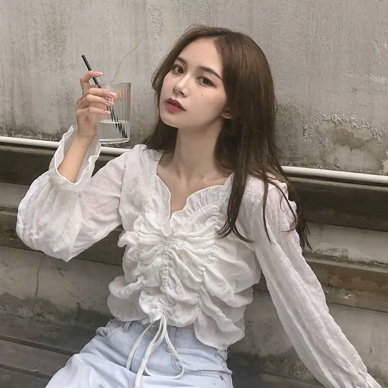 

Women's Fashion Solid V Neck Sweet Exposed Navel Long Sleeve Shirt Blouses