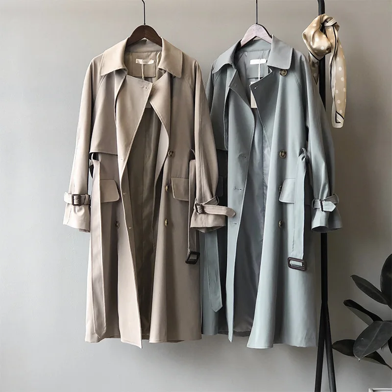 

TE001 Female Chic Double-breasted Trench Coat With Pockets Spring Autumn Womens Stylish Casual Turn-down Collar Solid Outwear