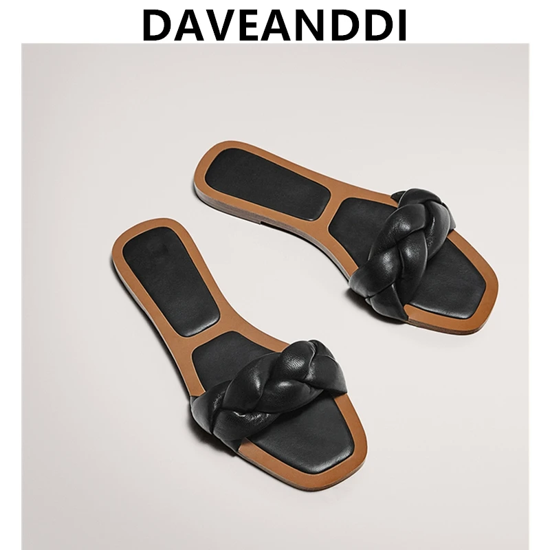 

Dave&Di 2022 Summer Ins Blogger Vintage Office Lady Comfort Genuine Leather Soft Beach Slippers Women Shoes Woman Shoes Women