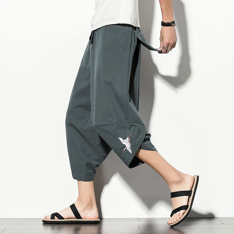 

Streetwear Men Harem Pants Japanese Style Casual Cotton Linen Trouser Man Jogger Pants Calf Length Baggy Pants Plus Size 5XL