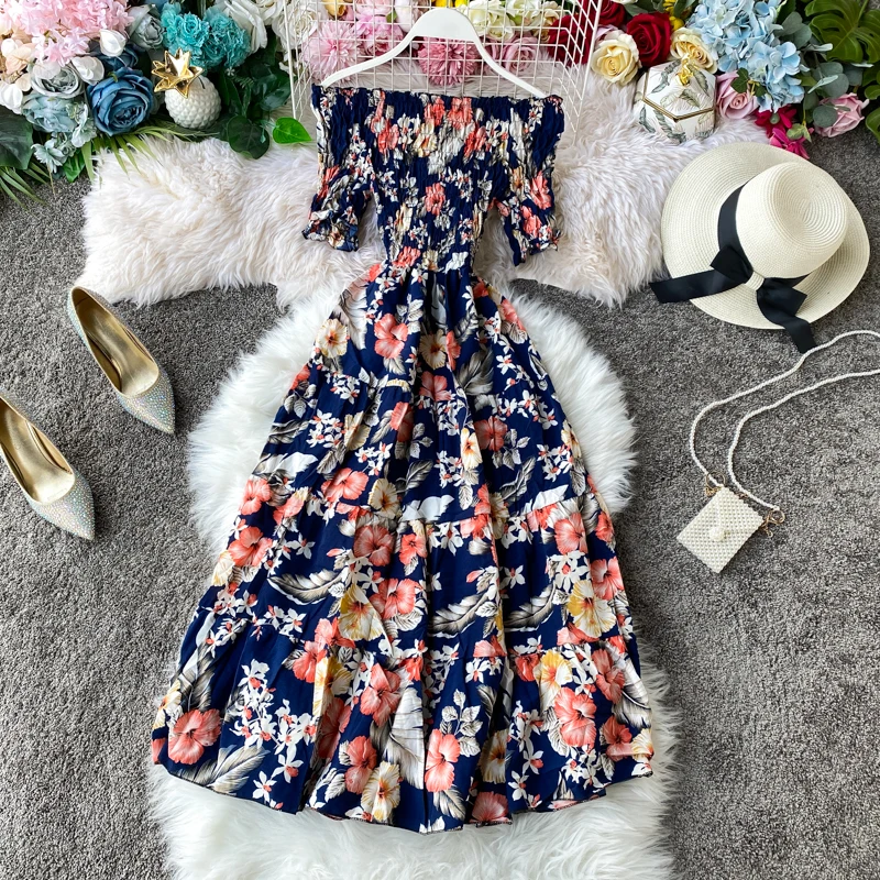 

Boho Vintage Floral Print 2020 Sexy Slash Neck Off Shoulder Dress Summer Maxi Long Party Women Irregular Beach Holiday Dress