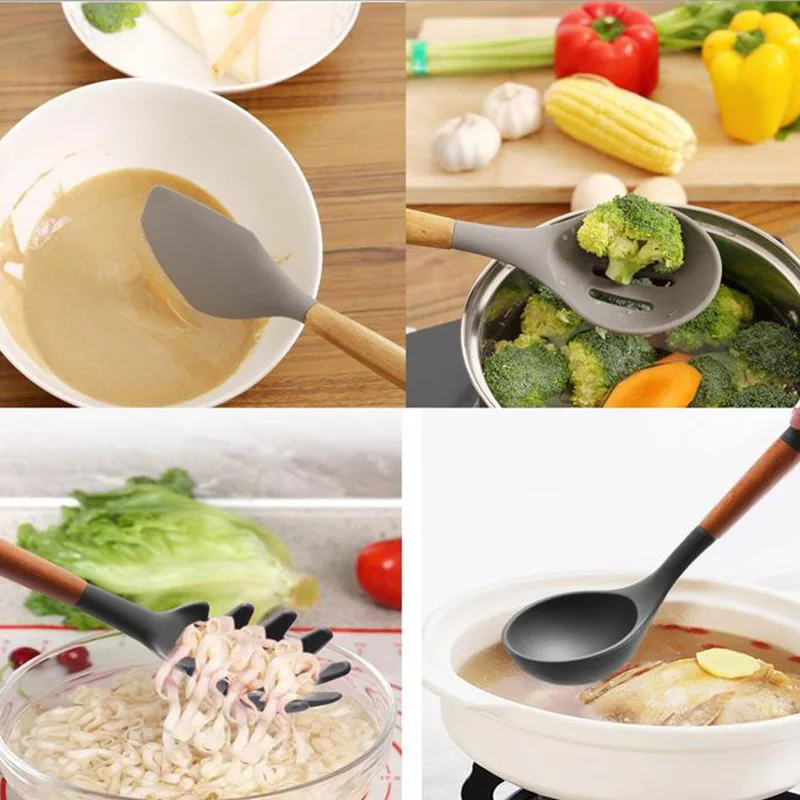 

9 Pieces of Silicone Handle with Wooden Handle Nonstick Kitchen Utensils Set Cooking Shovel Spoon Tool Kitchen Utensils Cooking