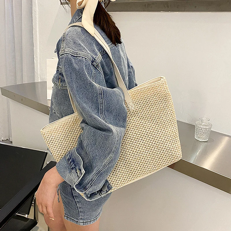 

Straw Bags Women Handmade Woven Basket Tote Travel Female Shoulder Handbags