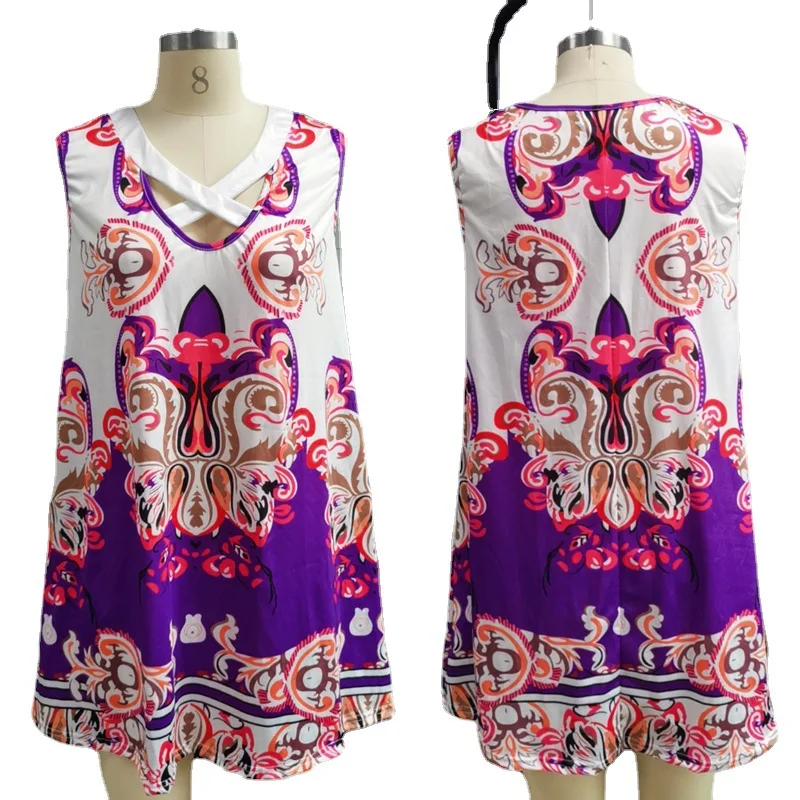 

2021 Summer New Style Hot Sale Casual Loose Fashion Trend V-neck Cross Print Sleeveless Ladies A-line Mid-length Dress