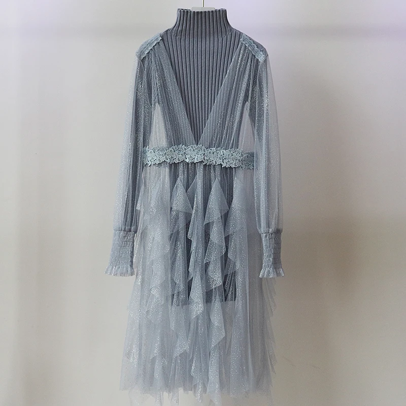 2 шт./компл. до колена Длина Тюль трикотаж серый синий платье подружки невесты