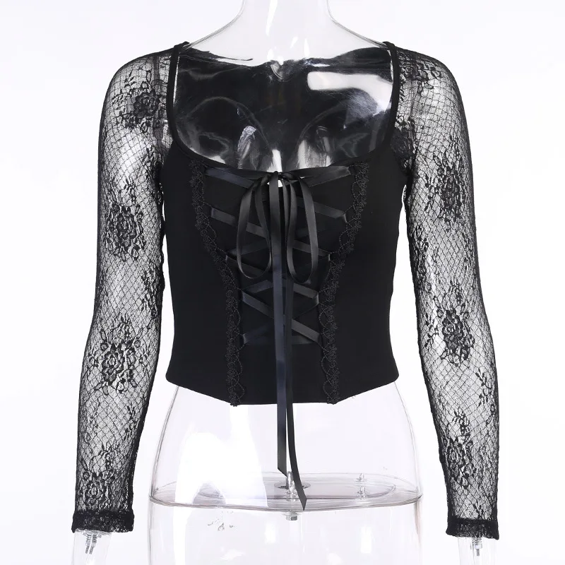 

Woman Sexy Street Lace Stitching Square Collar Long-Sleeve See-Through Up Corset Women's Lace Up Black Pullovers