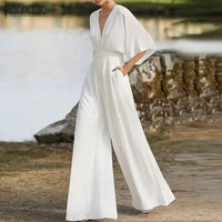 zanzea elegant summer rompers women v neck wide leg 34 sleeve jumpsuits solid party overalls loose ol work playsuits oversize