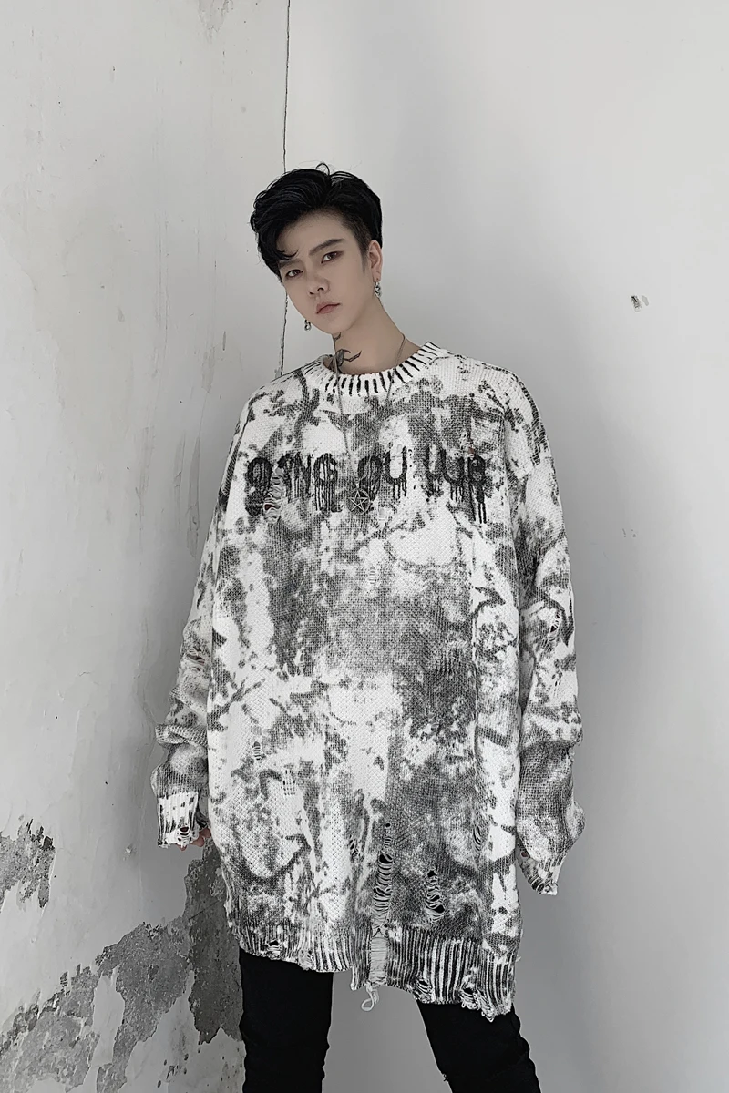 

Men Autumn Winter Tie-dyed Hole Loose Casual Knitted Pullover Sweater Male Women Streetwear Hip Hop Punk Gothic Bottom Sweater