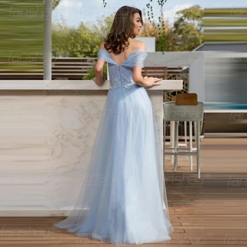 Женское платье для выпускного вечера Fanshao голубое простое стильное из тюля с