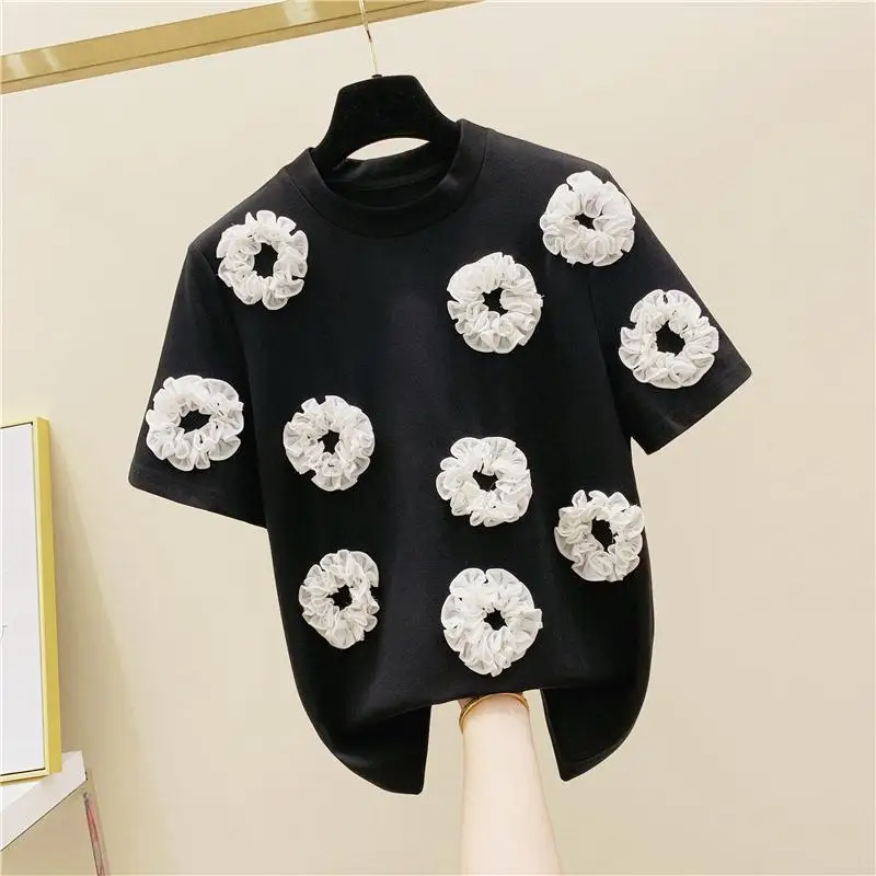 

Stereo Flower Pure Cotton Short-sleeved T-shirt Women's 2021 Summer Wear Korean-style Loose-Fit T-shirt Fashion Tshirt Tops