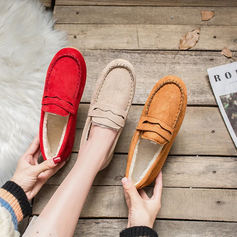 2021 Winter Flats Shoes Women Fashion Loafers Beef Tendon Soft Bottom Plus Velvet Cotton Shoes Low Cut Plus Size 43 Women Shoes