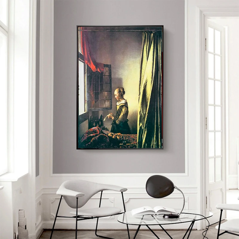 Постеры из крафт бумаги с изображением девушки читающей букву за окном Йоханнеса