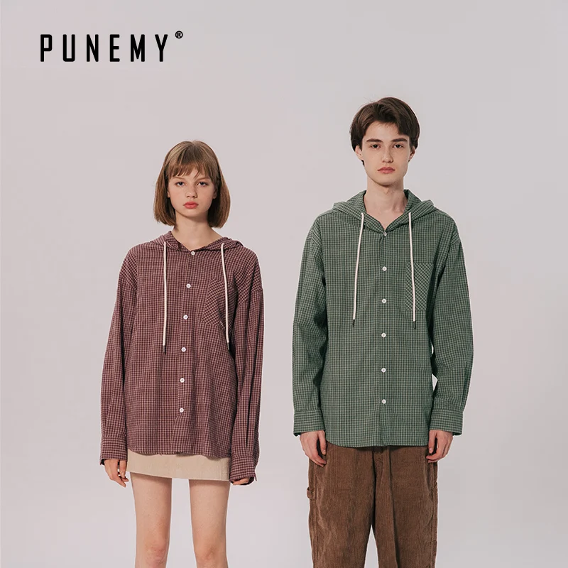 Ретро Харадзюку мужские рубашки с капюшоном в стиле хип-хоп Уличная клетчатая